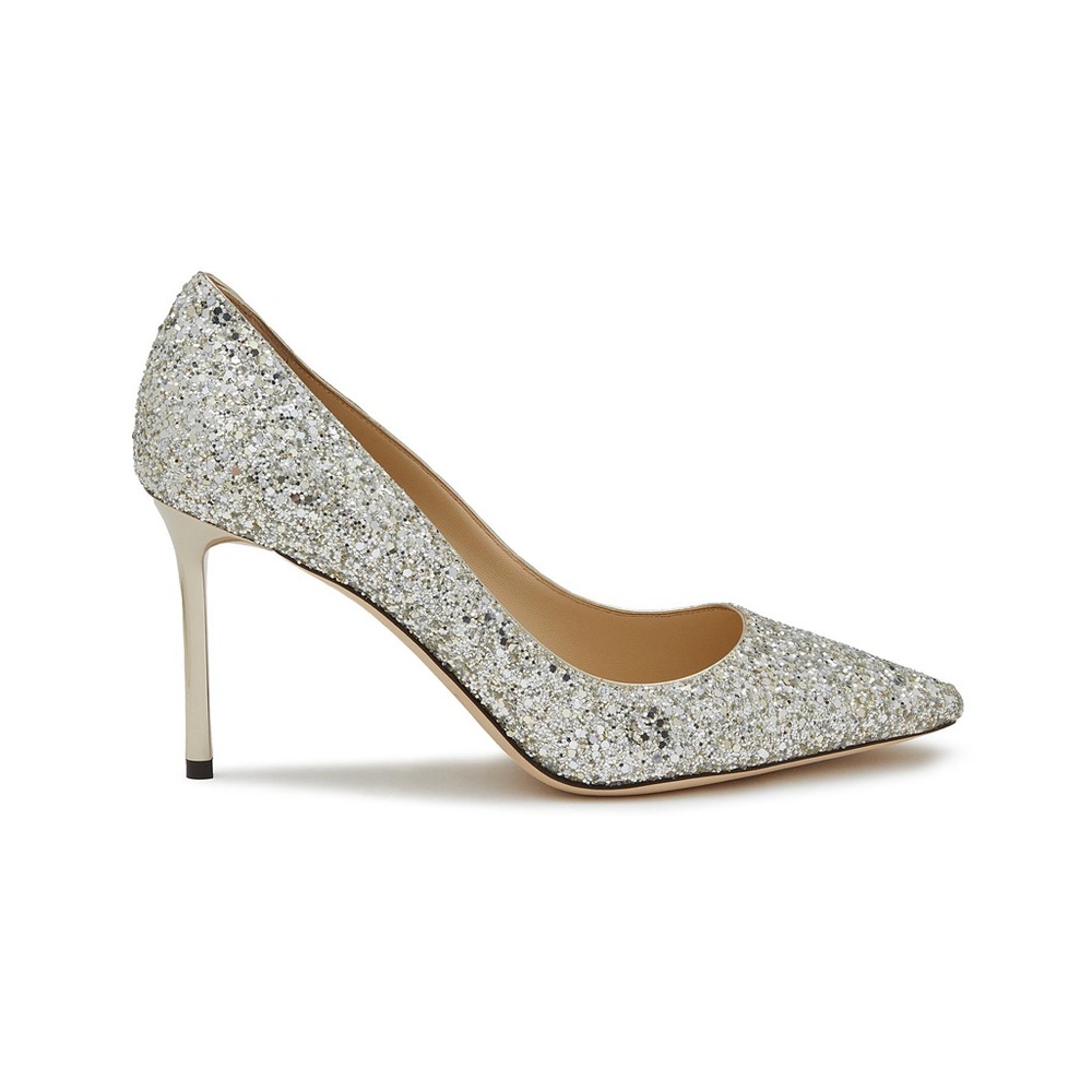 Jimmy Choo Champagne Coarse Glitter Fabric Pointy Toe Pumps